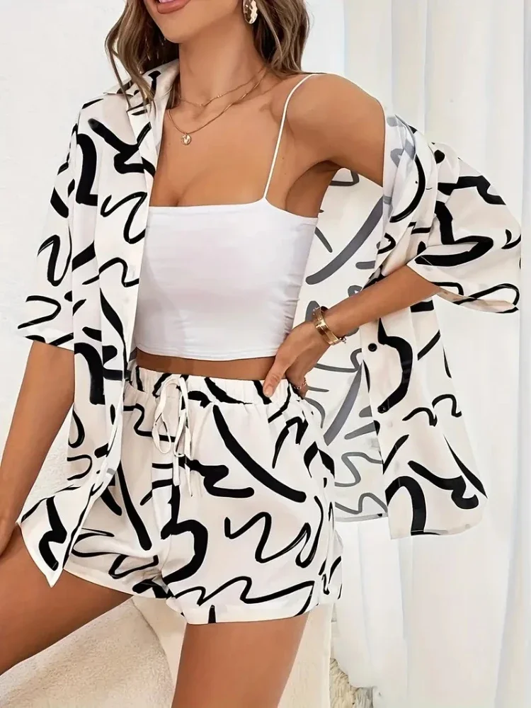 الصيف فضفاضة رفض طوق قميص أعلى + السراويل دعوى مكتب سيدة عارضة رياضية مجموعة المرأة أزياء طباعة قطعتين مجموعات