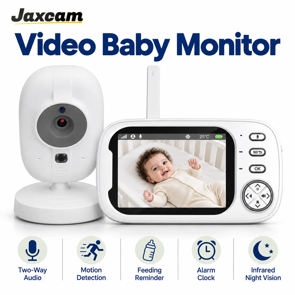 3.5 Inch Color LCD  Baby Camera 720P IR Night Vision Two‑Way Audio Temperature Detect Feeding Reminder Baby Monitor
