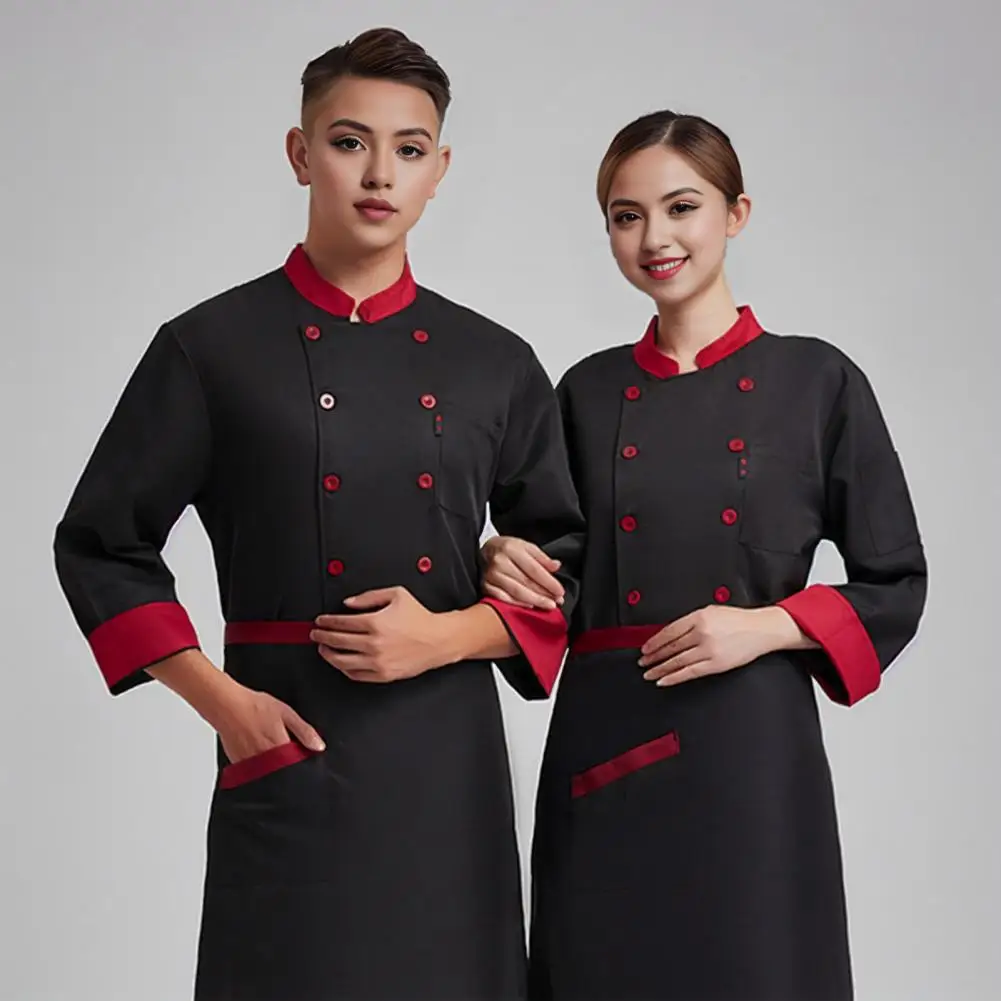 Unisex Chef Uniform With Chest Pocket Stand Collar Long Sleeve Double Breasted Chef Shirt Solid Color Kitchen Bakery Uniform