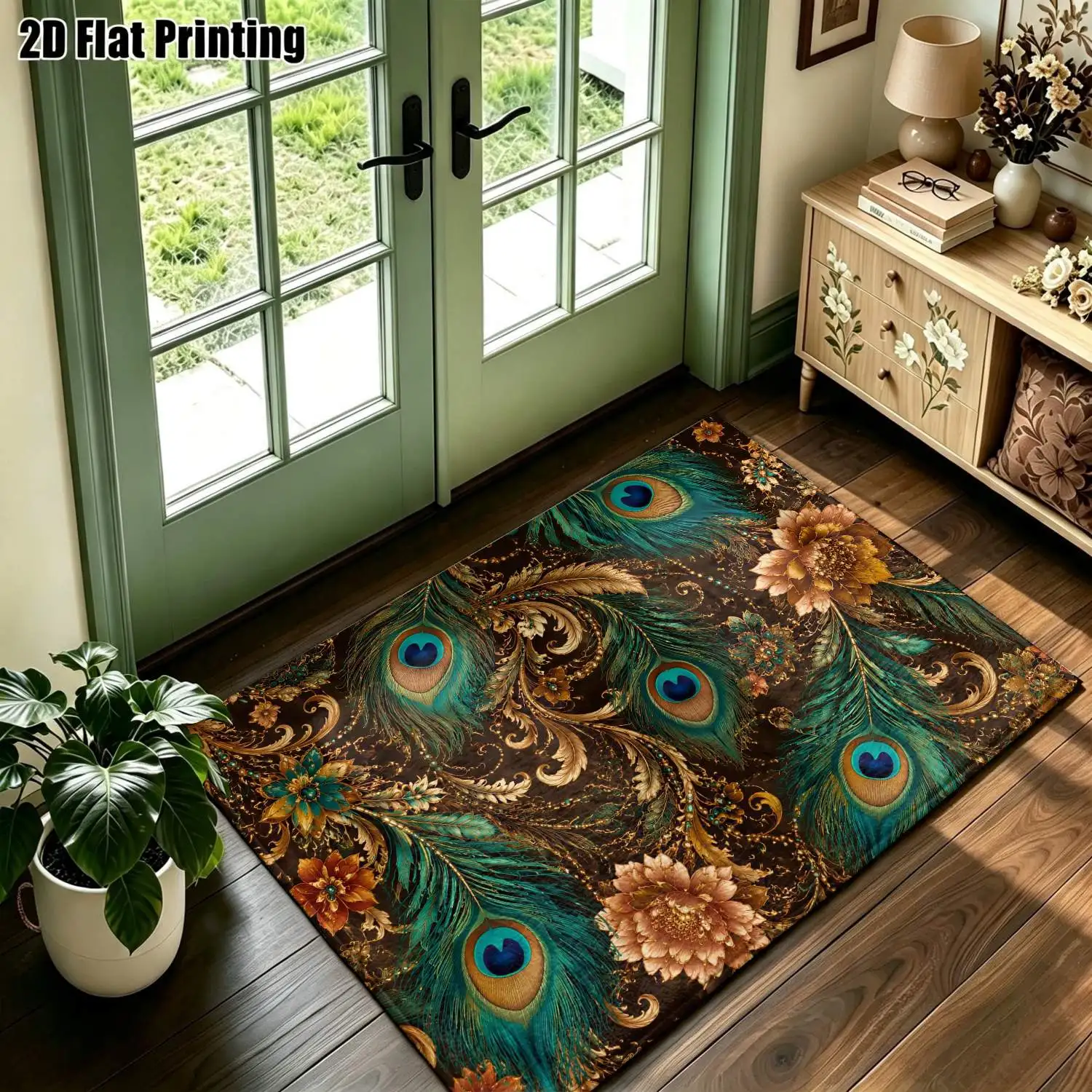 1Pc 2D Printed Retro Peacock Flower Pattern Carpet, European/Bohemian/Modern Minimalist Style, Machine Washable, Multiple Sizes, Ideal for Home Decor & Multi-Scenario Use