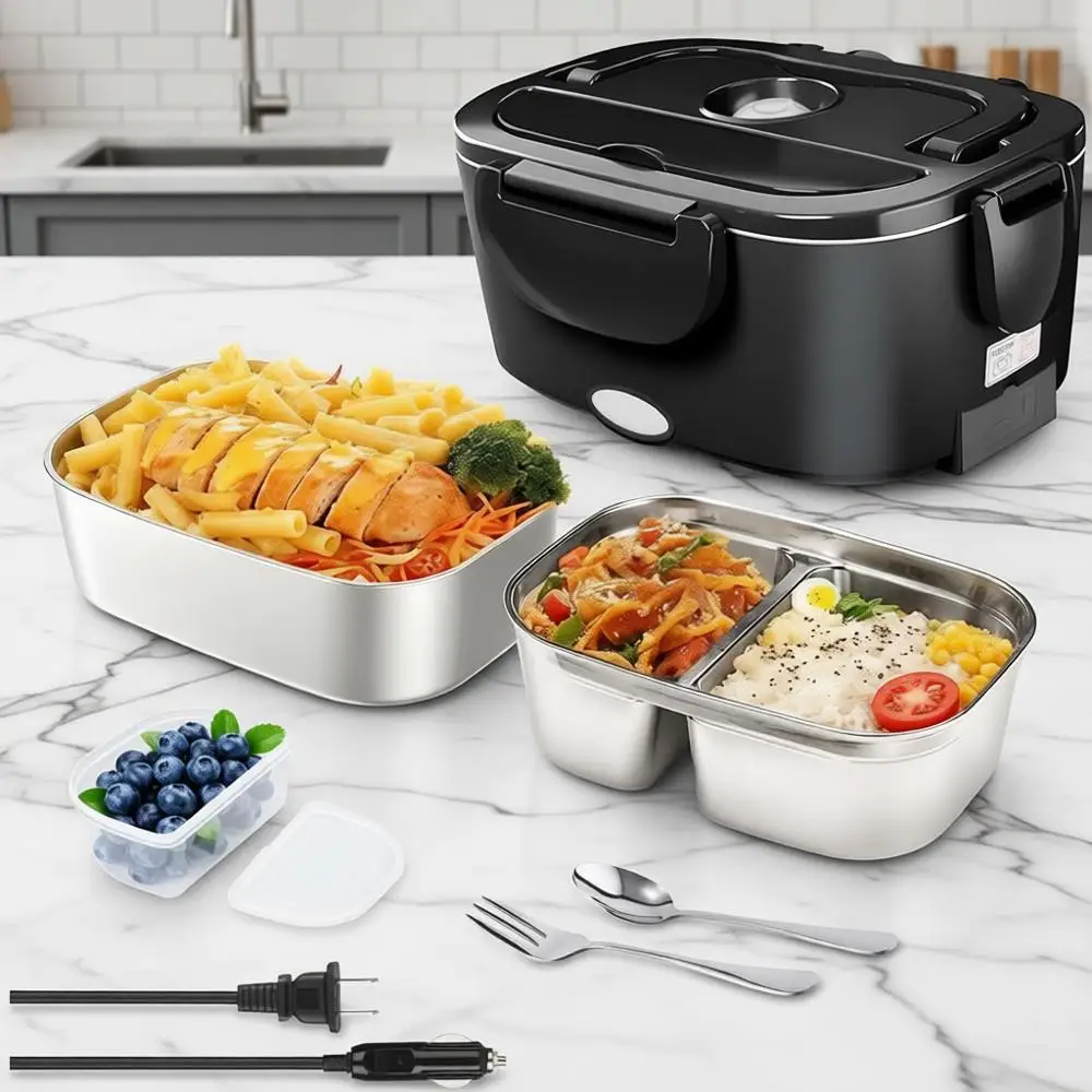 

Электрический ланч-бокс, 80 Вт, с подогревом, двойной объем 1,5 л, из нержавеющей стали, портативный подогреватель еды, 12/24/110 В, для автомобиля, грузовика, работы, путешествий (черный)