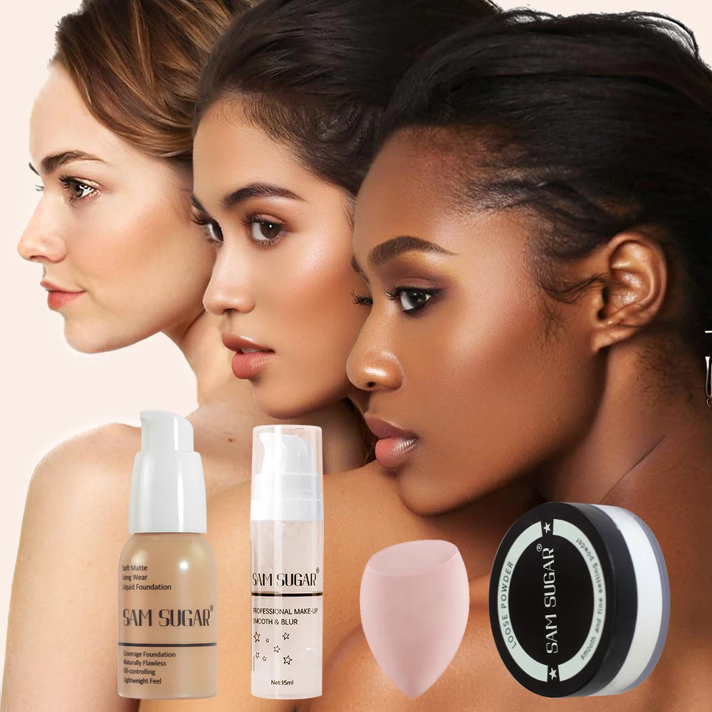 Make-up-Grundierung, Milch-Set, Make-up-Puder, Schwammquaste, vierteiliges Set, langlebig, einfaches Make-up, Make-up-Set, Weihnachtsgeschenk