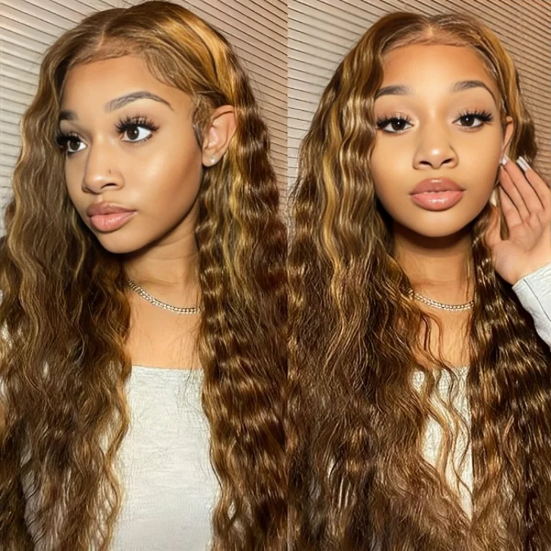 

Deep Water Wave Human Hair Highlight Ombre Curly 13x6 Hd Lace Frontal Wigs 100% Brazilian For Women Cheap On Sale Clearance