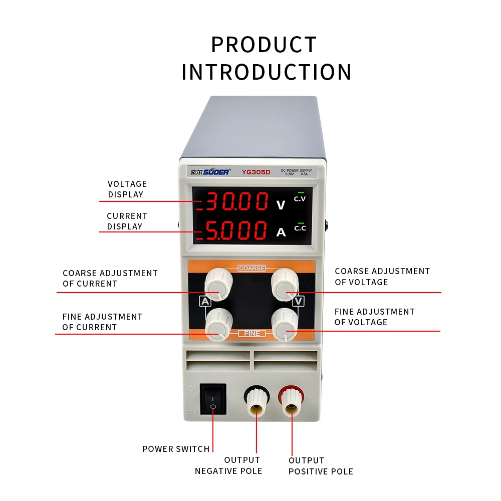 Zasilacz przemysłowy DC z wyświetlaczem LCD, regulowany, impulsowy, 30V 5A, z certyfikatem CE, wejście 230V, do laboratoriów i sprzętu telekomunikacyjnego.