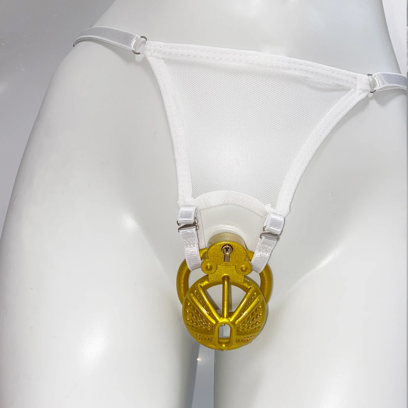 White Thong Male Chastity Cage with Fixed Strap Anti-Off Device Elastic Band BDSM Auxiliary Belt Penis Ring for Adult