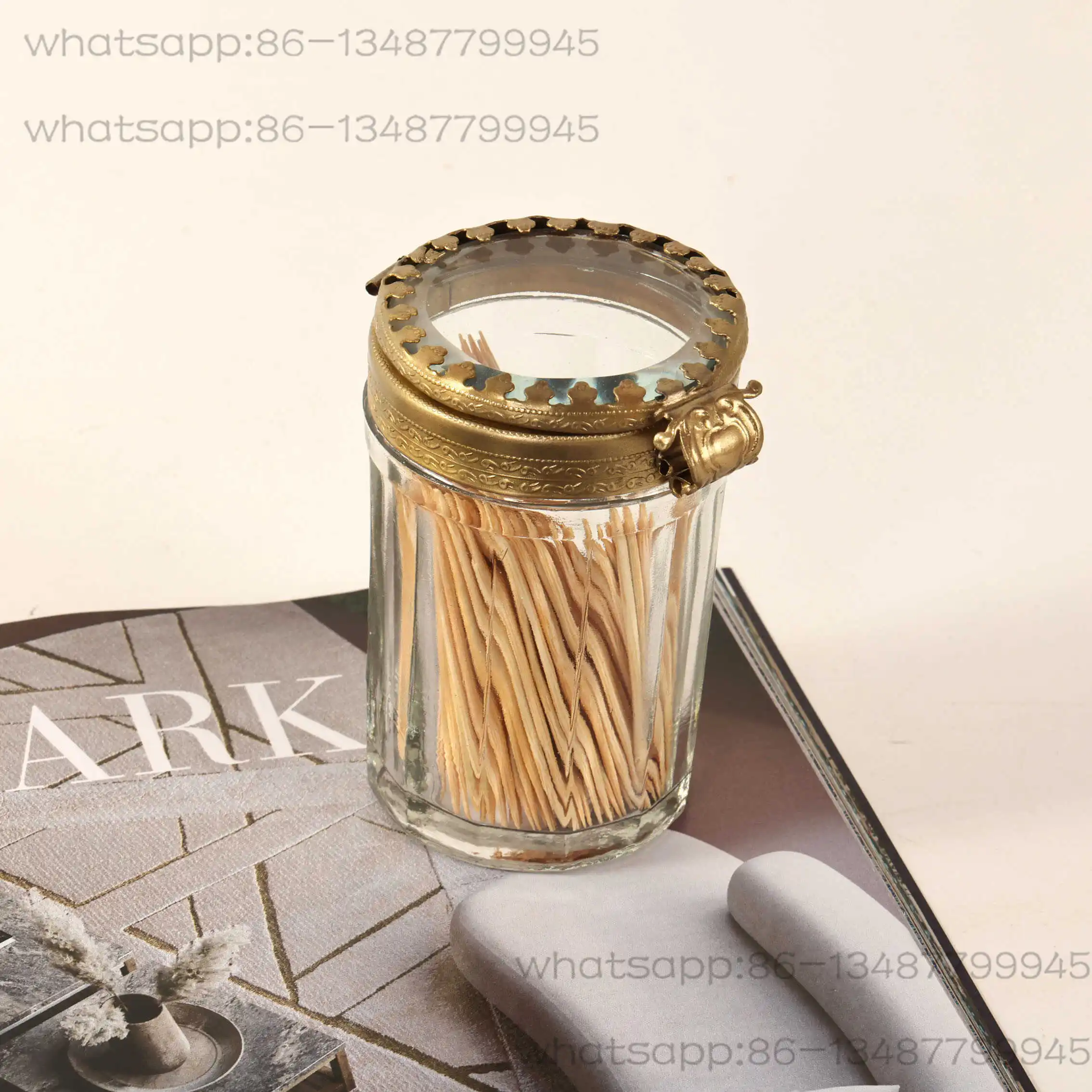 

India Imported Glass Pure Brass Hemming Restaurant Toothpick Storage Box Toothpick Jar Toothpick Holder Creative High-end