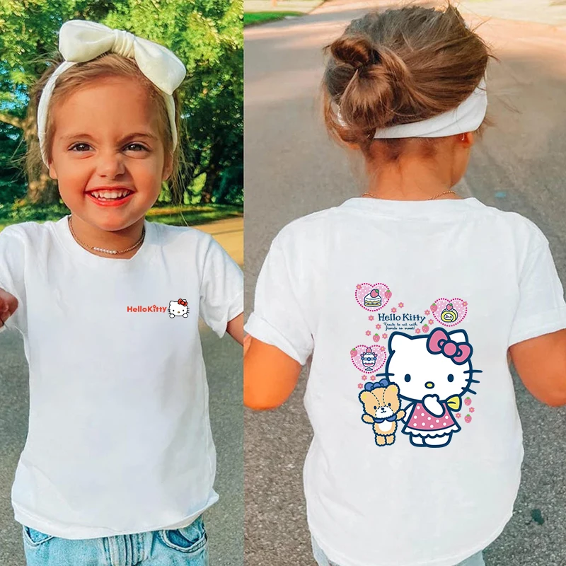 

HeIIoKitty printed kids T-shirt Summer children's cotton short-sleeved white casual tops suitable for boys and girls