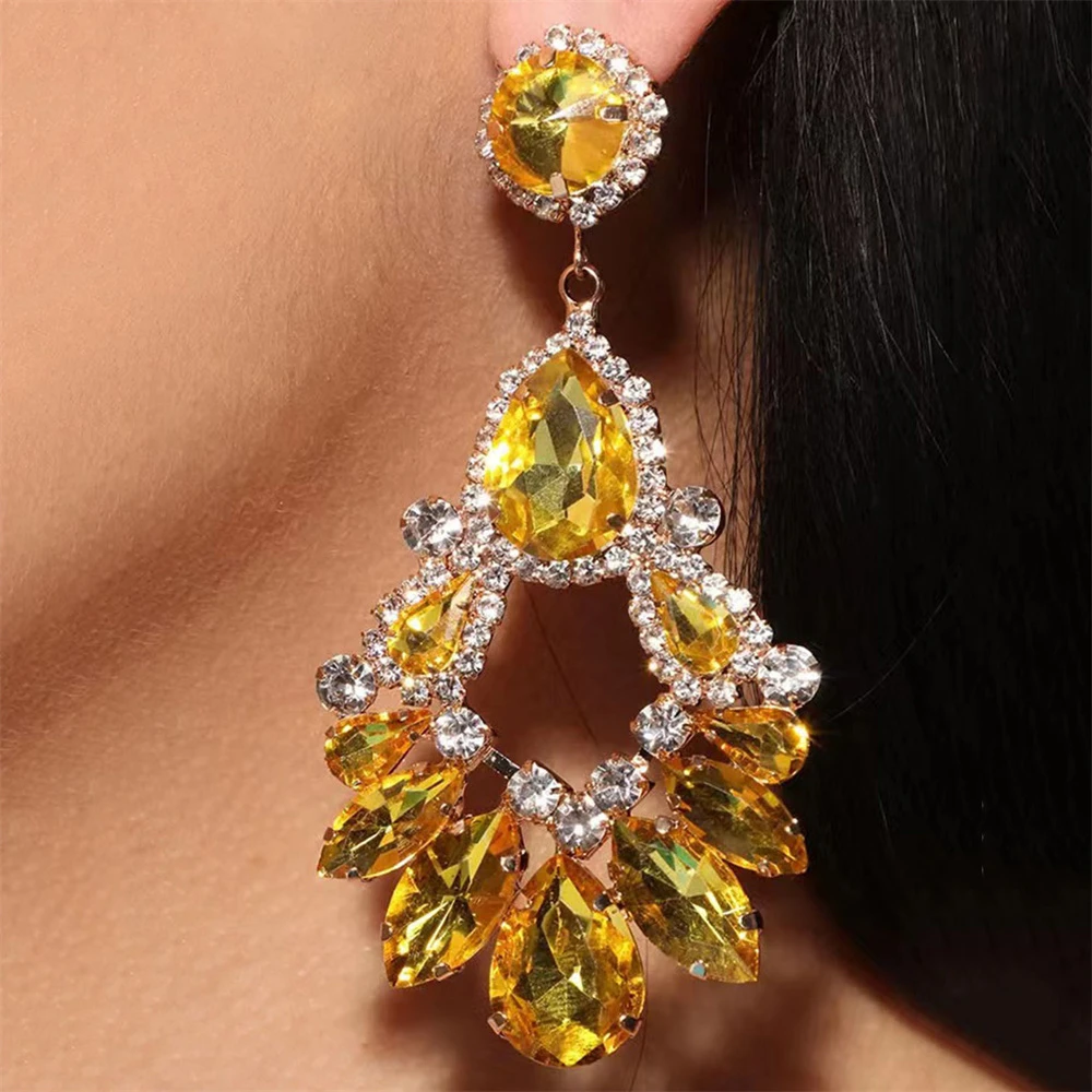 Luxury Shiny Yellow Rhinestone Earrings Jewelry Exquisite Luxury Banquet Party Earrings Crystal Jewelry Earrings Ornaments