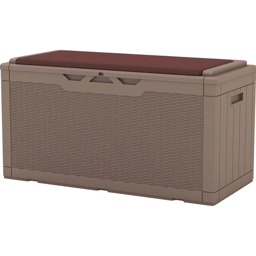 

100 Gallon Resin Deck Box with Cushion, Waterproof Outdoor Storage for Patio Furniture and Garden Tools, Brown