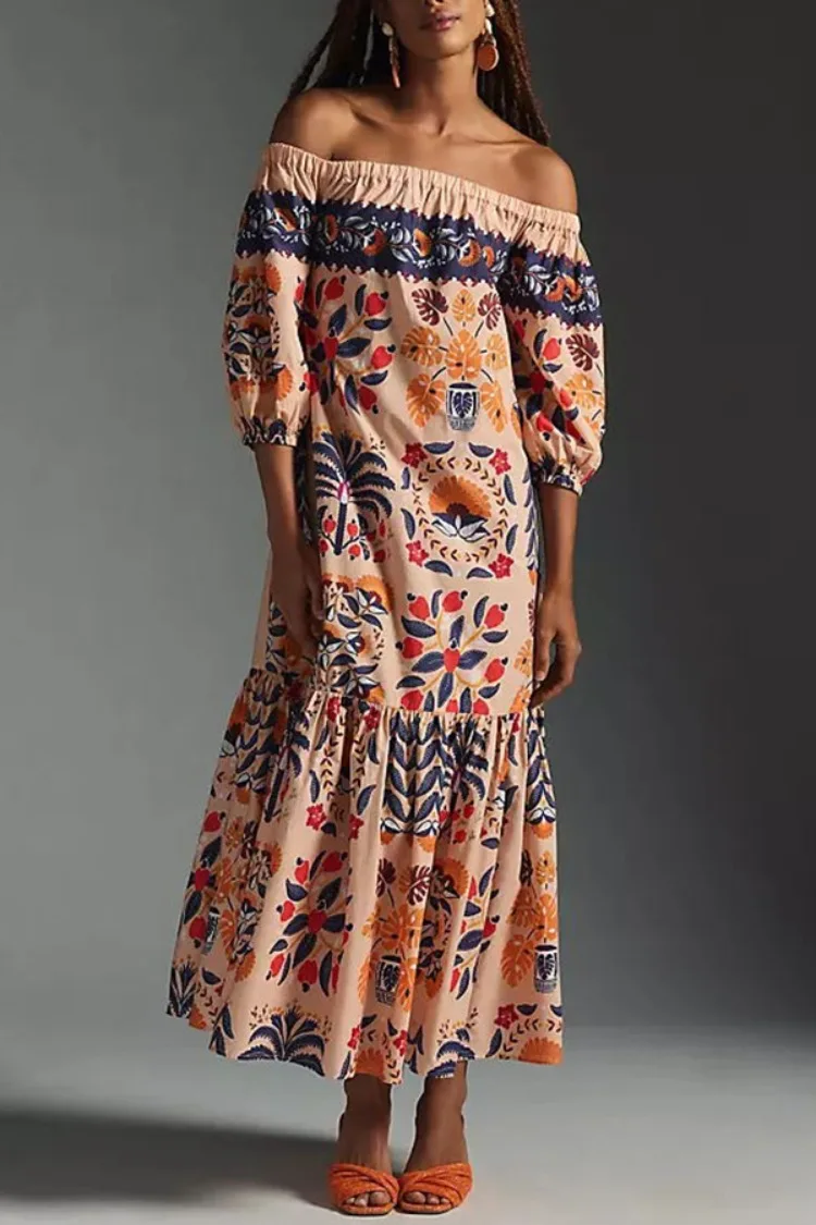 

Women's Dresses 2025 Summer Fashion New Women's Vintage Print Off-shoulder Bohemian Dress Retro Elegant Long Breast Wrap Dress