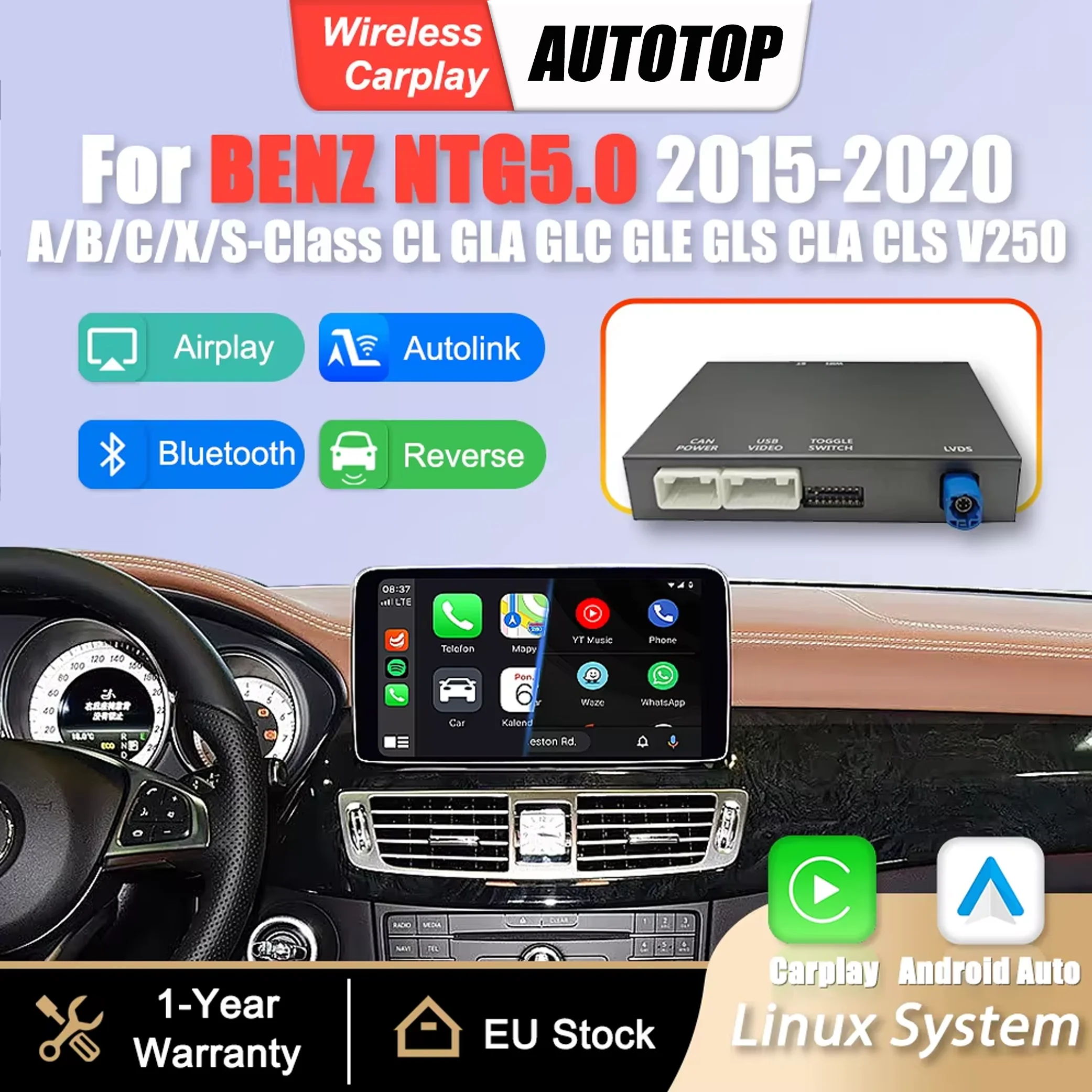 Adapter interfejsu bezprzewodowego CarPlay Android Auto do Benz NTG5.0 Klasy A B C W176 W246 W205 CL W216 GLS X166 GLA W156 GLC W253 GLE W292 CLA W117 W639 V250 V260 CLS W203 X Class S Class W222 z