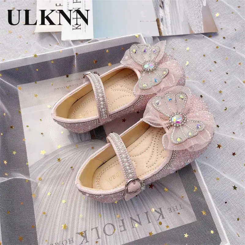 

Girls' Beige Single Shoes 2023 Children's New Pink Crystal Shoes Princess Little Girls' Leather Shoes Baby Falts Size 24-35