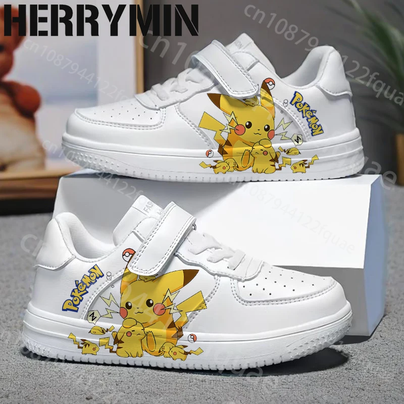 

2025 Christmas Gift Pokemon Pikachu Cartoon Printing Children shoes boys girls Waterproof leather small White Shoes