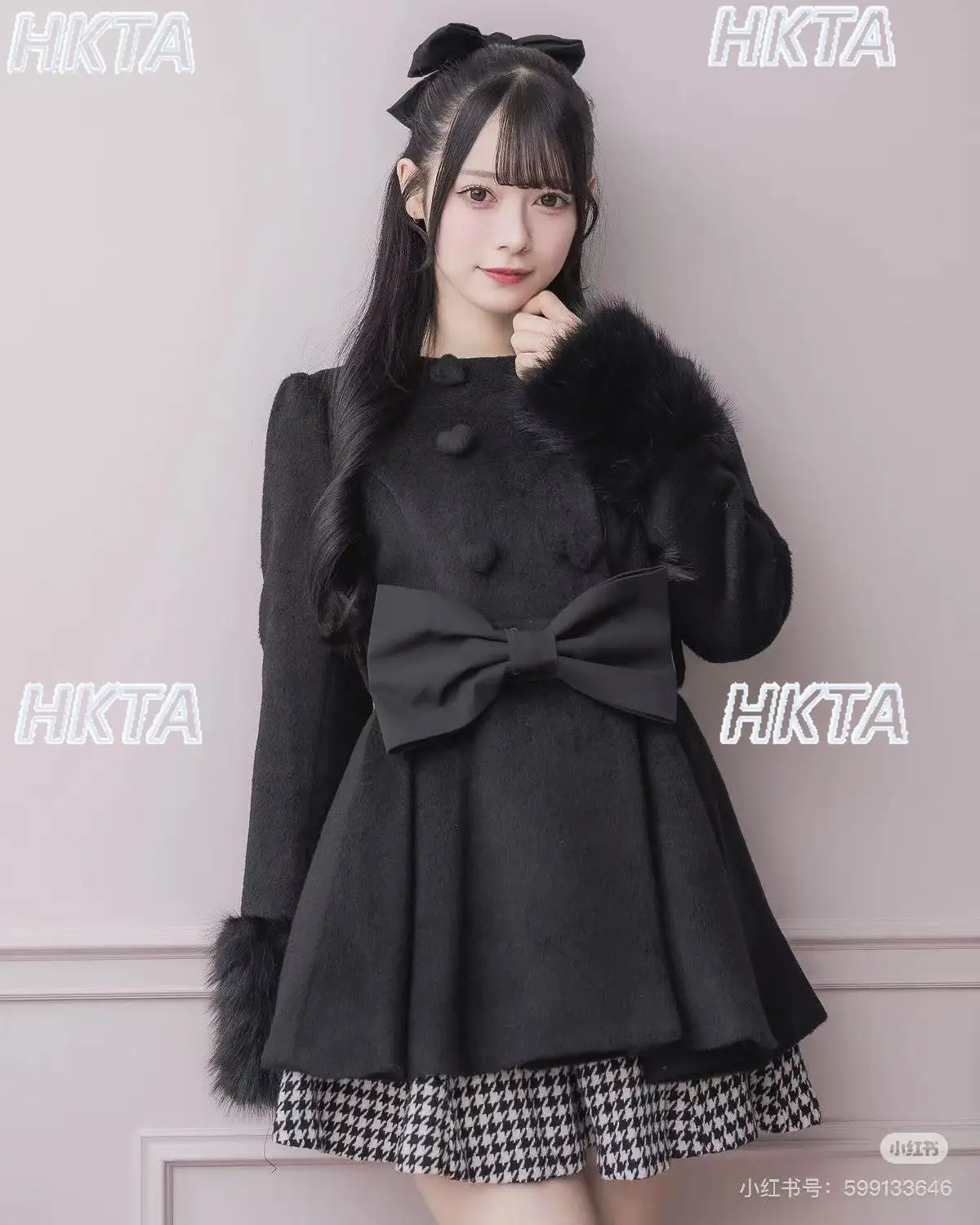 Japanese Heart Button Bow Plaid Black Woolen Coat Women Sweet Autumn Winter Warm Elegant Lolita Crew Neck Long Sleeve Long Coats