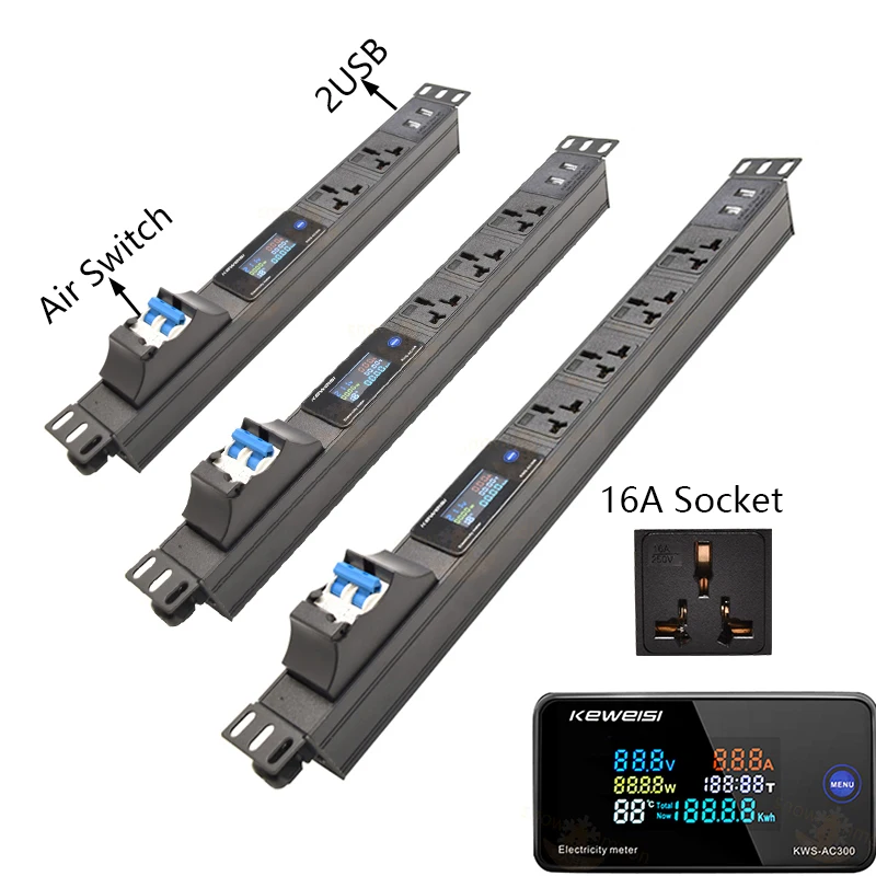 

Smart Power Strip For Network Cabinet Power Distribution Unit 2-10 Ways 16A Universal Socket Digital Voltmeter ammeter With 2USB