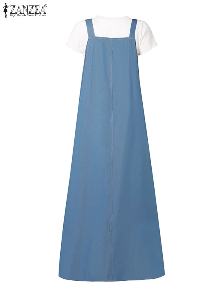 2024 ZANZEA Women Overalls Dress Fashion Spaghetti Strap Denim Blue Sundress Casual Solid Loose Muslim Abaya Vestido Robe Femme