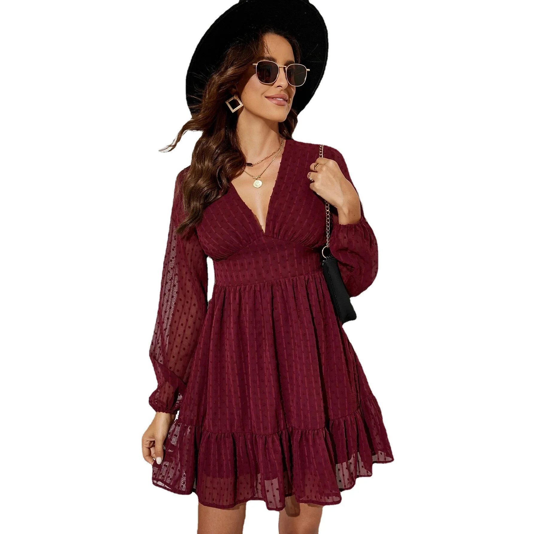 

2023 New Long Sleeved V-neck High Waist Lady Fashion Women's Dress 2025 Summer Dress Robe Vestido Women Elegant