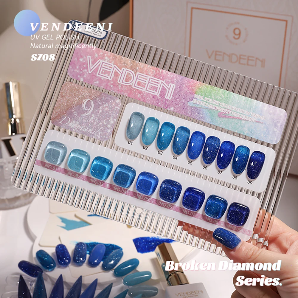 Vendeeni 9 Farben/Set Glitzer-Broken-Diamond-Gel-Nagellack UV LED Soak-Off Gel-Lack Grün Lila Rot Flash Gel mit Display – Detail 32