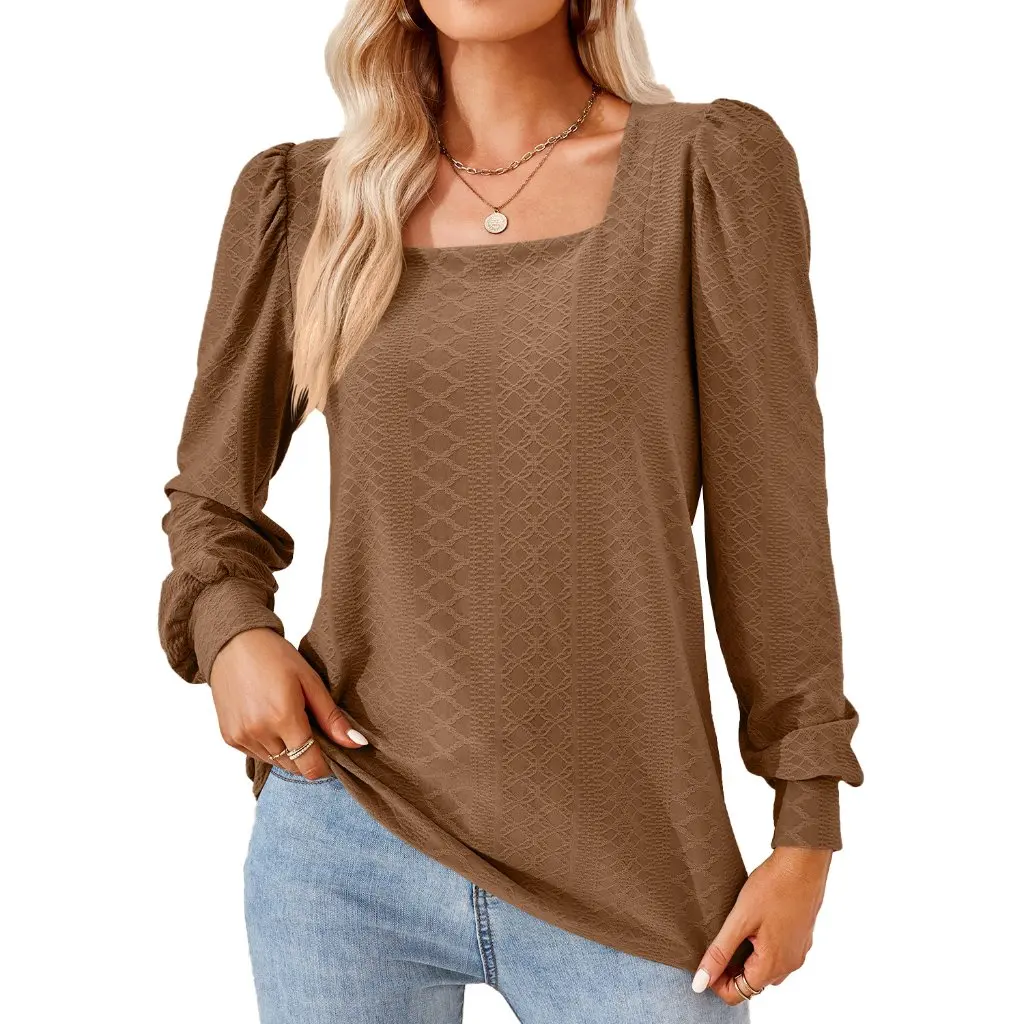 

Women's Solid Color Square Collar Jacquard Long Sleeve T-Shirt Loose Top for Autumn Winter by Fashion