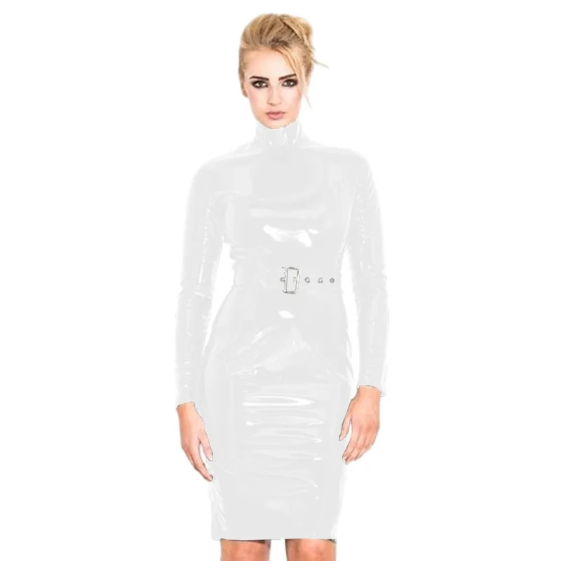 Women PVC Midi Dress Sexy Turn-down Collar Zipper Slim Bodycon Dress With Waist Belt Long Sleeve Vestido Bodycon Clubwear XC1054