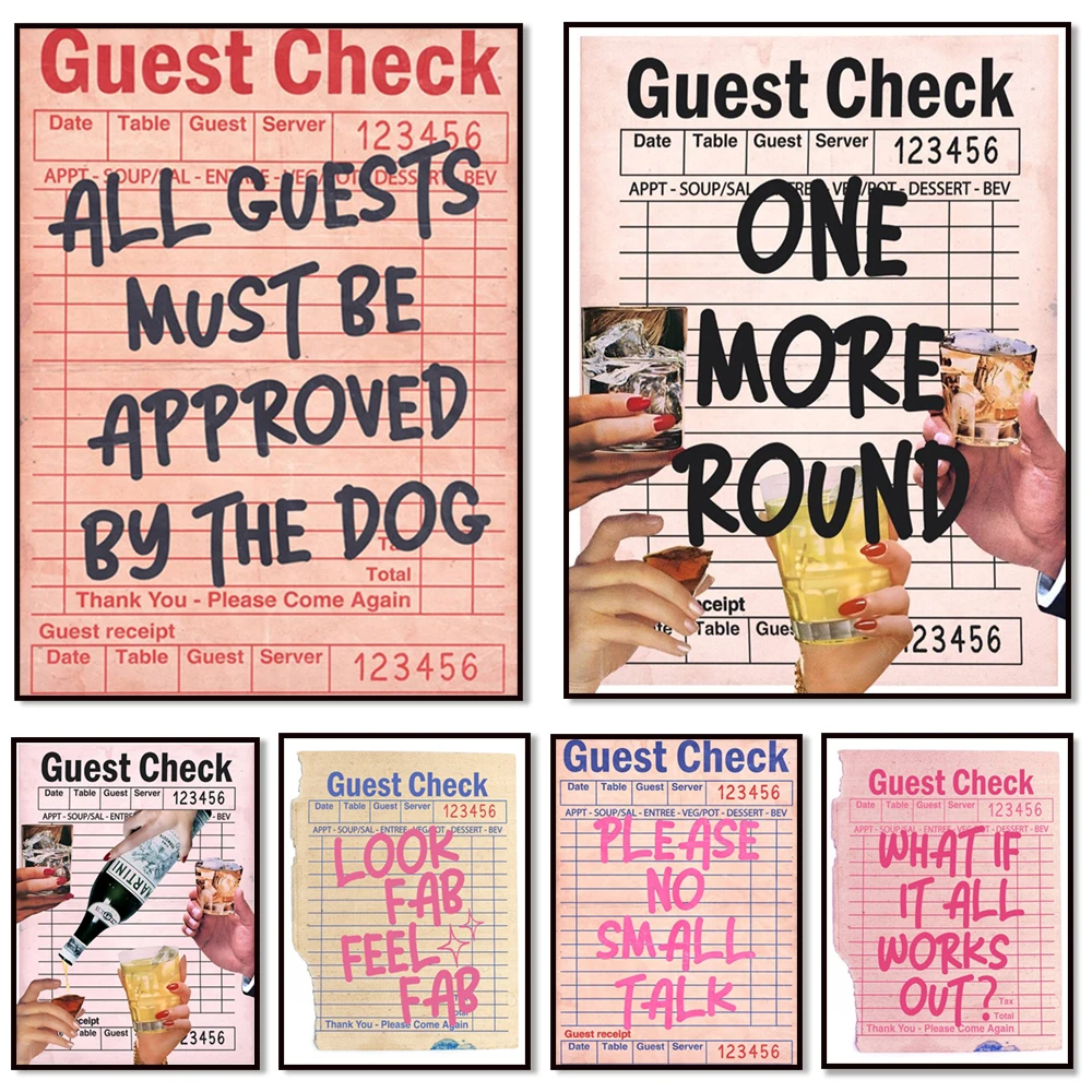 Guest check printing, trendy wall art, preppy room decor, cat lover gifts, retro pink bar cart, alcohol quote, feel good poster