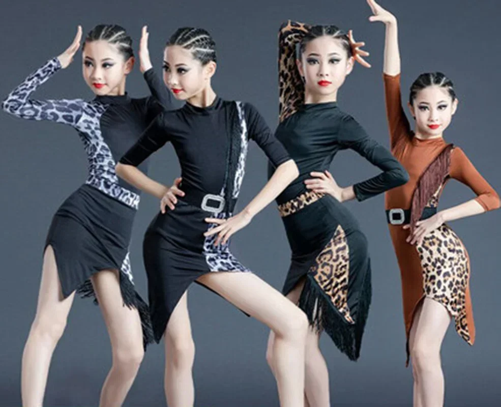 

Dance Costumes for Girls 2021 New Latin Dress Tassel Skirt Short Long Sleeve Leopard Print Team Stage Competition Performance