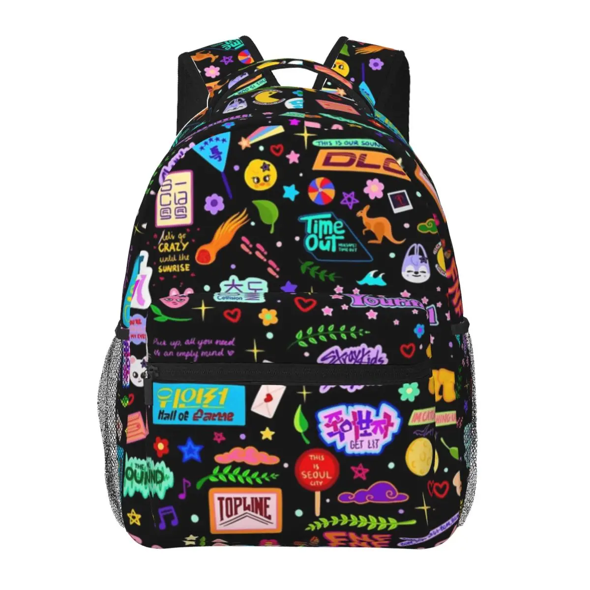 Mochila escolar ligera con estampado de garabatos de 5 estrellas, nueva mochila con patrón de moda, color negro