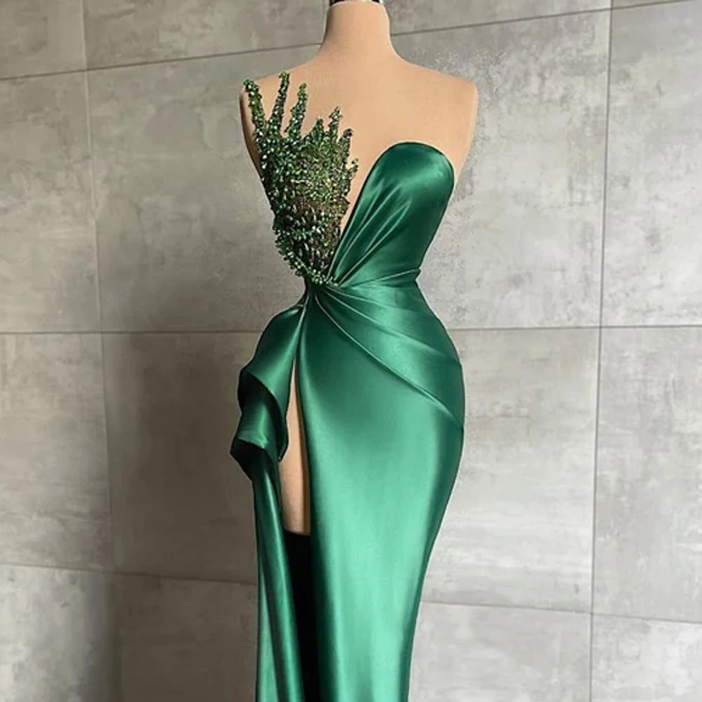 Green Luxury Elegant Evening Dresses Strapless Mermaid Satin Crystal Pleat Sexy High Slit Formal Party Prom Gown Vestido De Gala