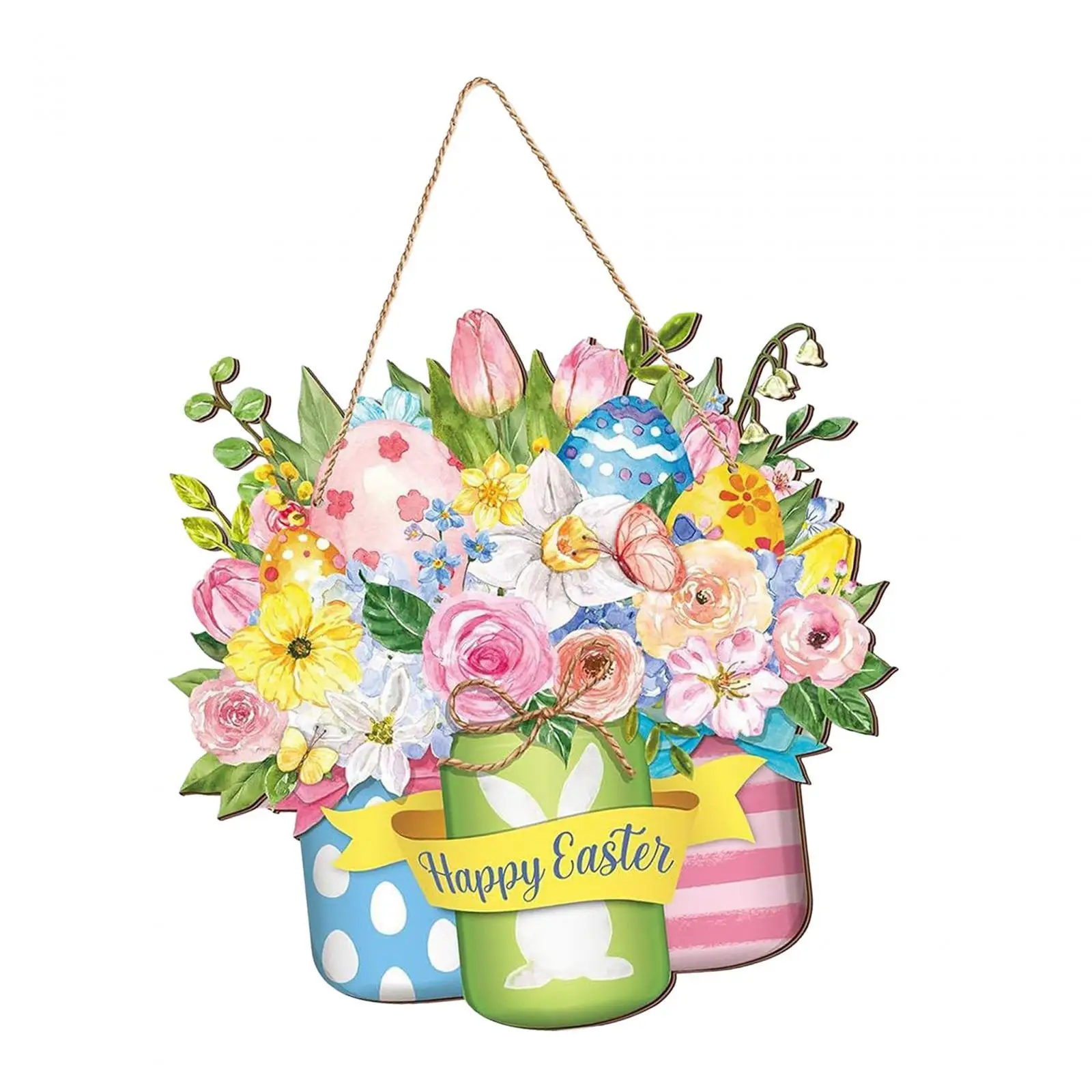 Easter Flower Door Sign Wooden Plaque Front Door Sign Flower Wreath, Door Decoration for Farmhouse Housewarming Festival Yard