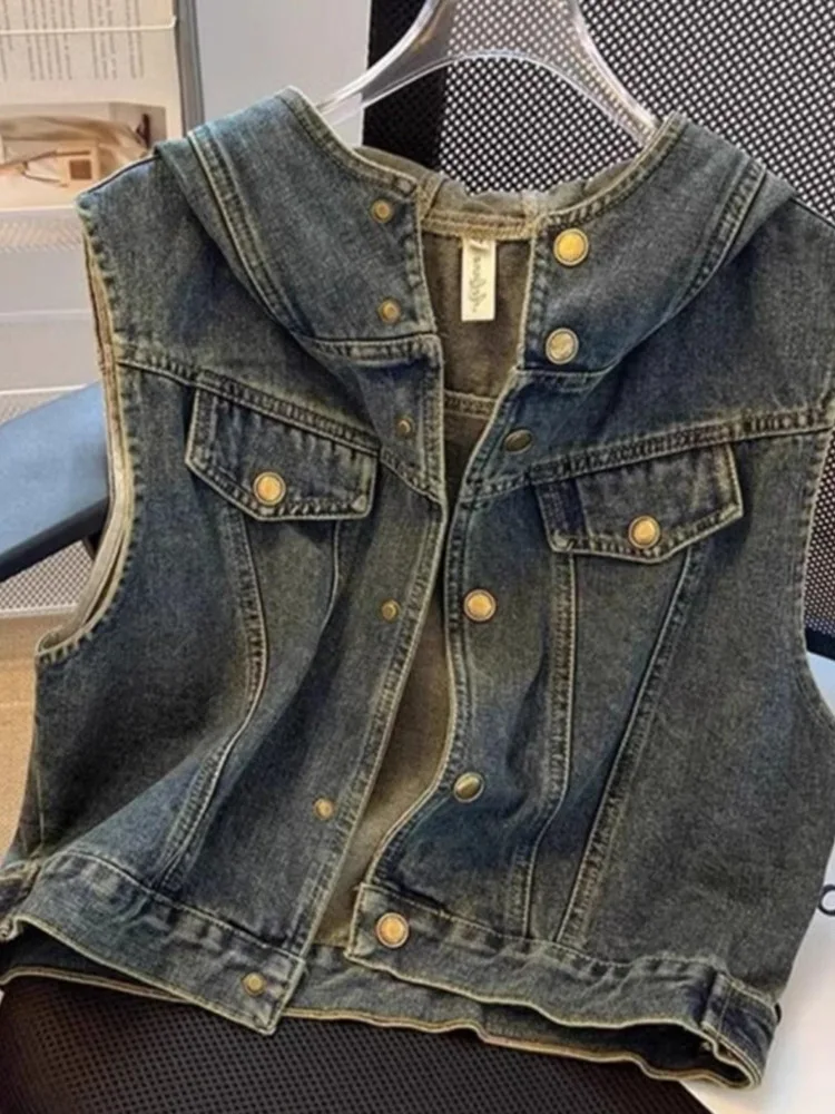 Retro Denim Vest Women's Spring Summer Layered Wear Hat Design Short Sleeveless Top Cowgirl Style Fashion Outerwear