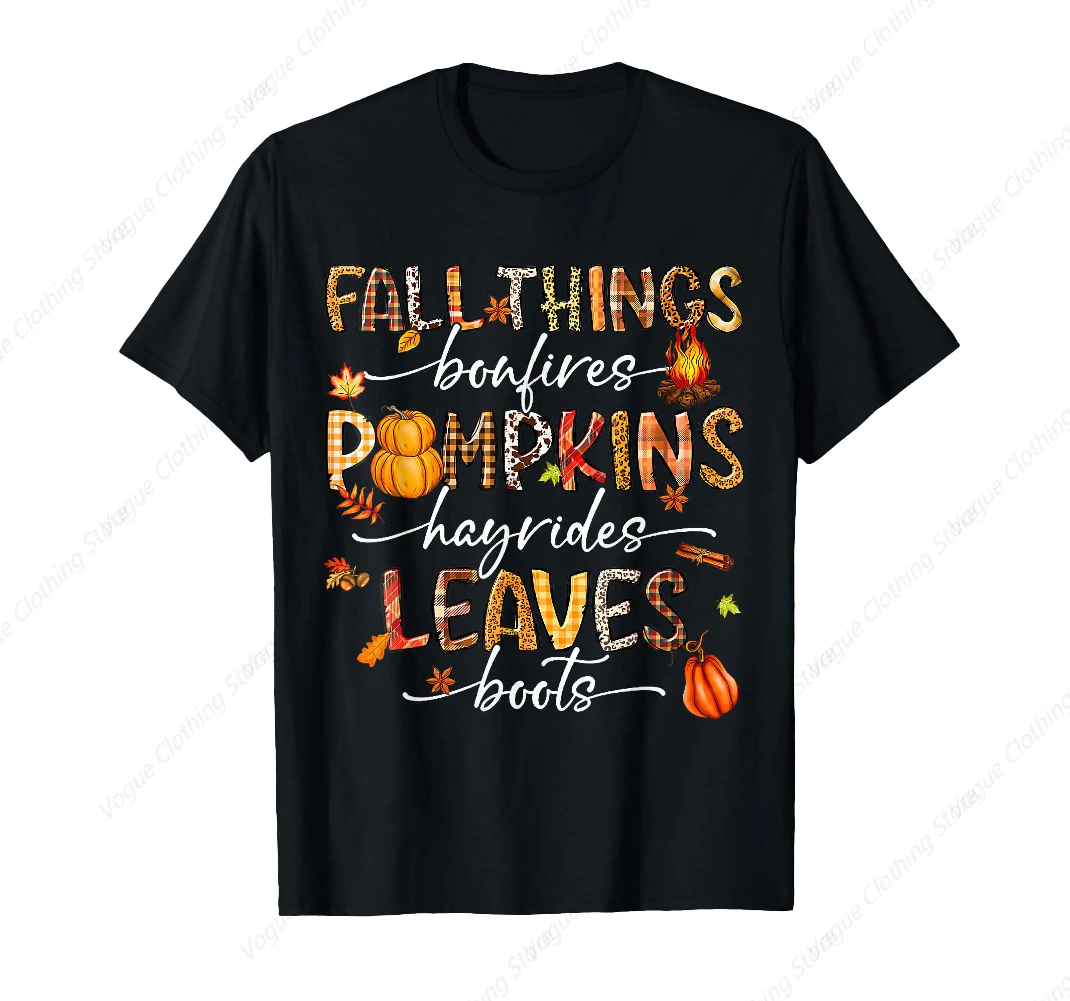 Fall Things Bonfires Pumpkins Flannels Hayrides Leaves Boots T-Shirt Funny Cotton Tops Leisure Tee Comfortable Clothing