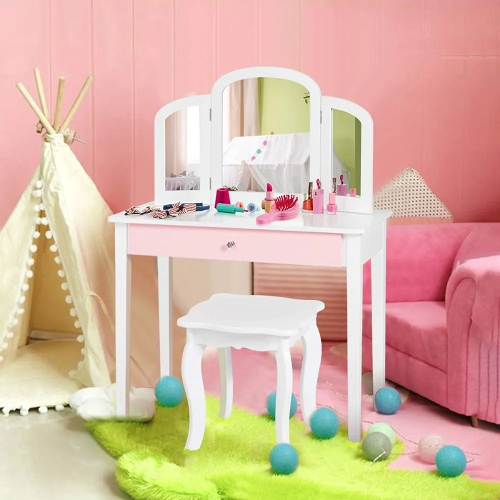 Kids Vanity Set, Toddler Beauty Makeup Dressing Table w/Stool & Drawer, Tri-Fold Silver Mirror, Detachable Top