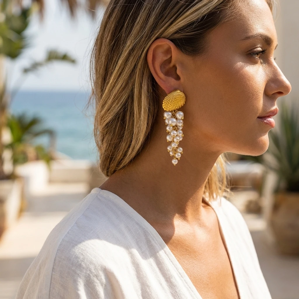 Romantic Summer Evening Party Earrings for Women Statement Gold Color Shell Imitation Pearl Cluster Dangle Chic Drop Jewelry