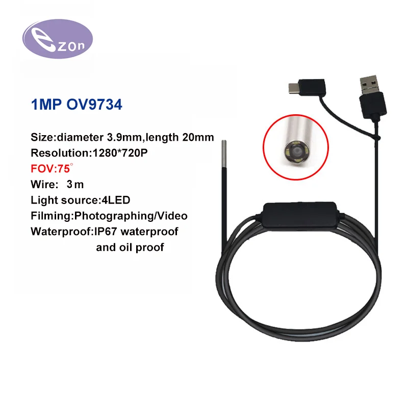 

1MP diameter 3.9MM endoscope camera 3-in-1 3m soft wire FOV75゜USB OTG Android EZ-EN35S-S