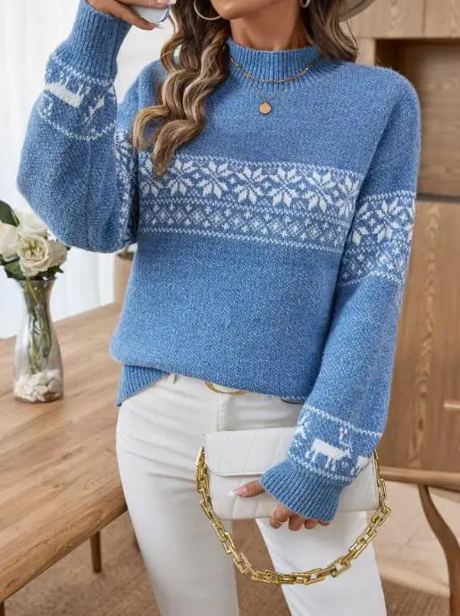 Maglione lavorato a maglia jacquard con fiocco di neve di Natale Autunno/Inverno 2025 Collo alto Manica lunga Mezza lunghezza Accogliente caldo Alla moda