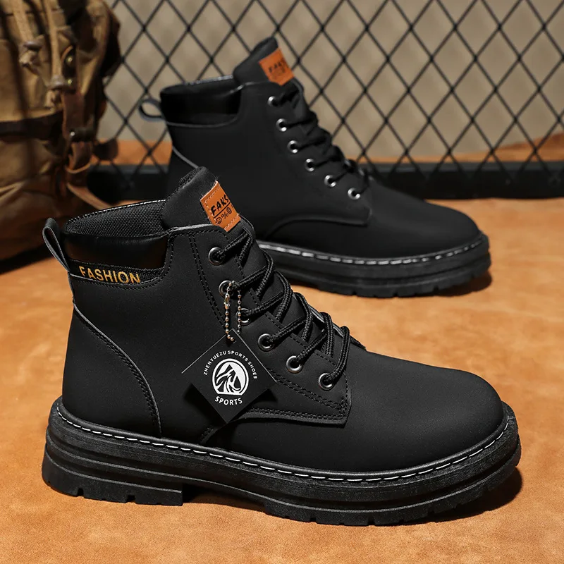 Men High Top Boots 2025 Autumn Winter Leather Shoes Fashion Outdoor Ankle Boots for Men Lace-Up Comfortable Boots Non Slip Shoes
