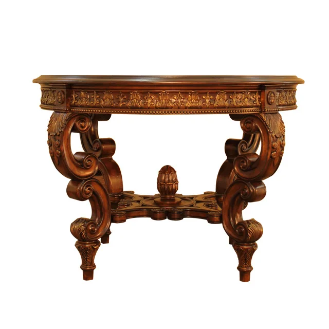 Luxury Wood Carving fancy veneer parquet round center hall bar table with leg stretcher