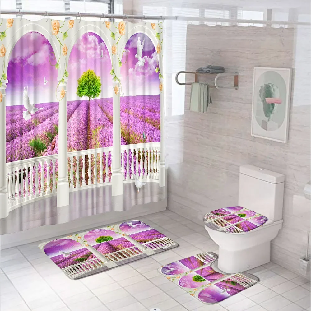 Purple Lavender Shower Curtain Sets Flower Fantasy Garden Arch Tree Country Scenery Bathroom Curtains With Toilet Rugs Bath Mats