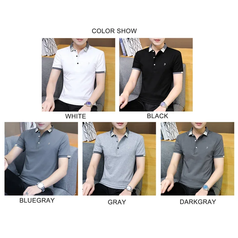 BROWON 2024 Summer New Arrival Men Clothing Thin Solid Color Casual Slim Fit Short Sleeve Tops Fashion Cotton Turn-Down T Shirt