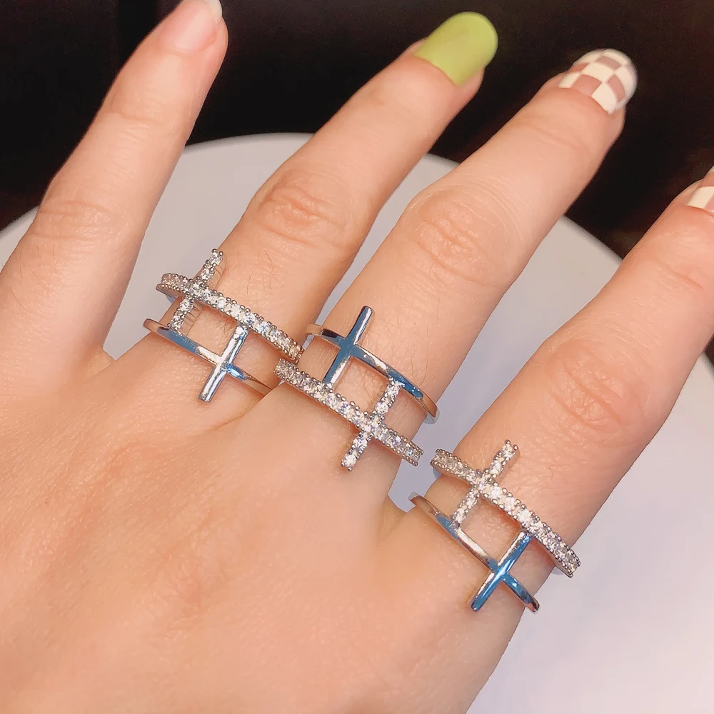 100% 925 Sterling Silver Cross Connection Open Ring for Women Men Party Gift Personality Fashion Bling Cz Paved Jewelry