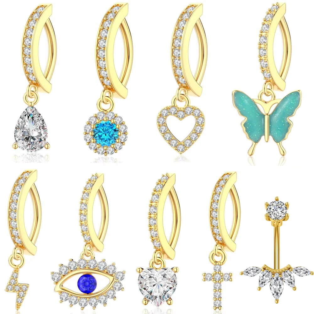 Anneau de nombril suspendu incurvé inversé, Piercing de ventre cliqué, couleur or 14G, papillon, cœur, anneaux de nombril, 1 pièce