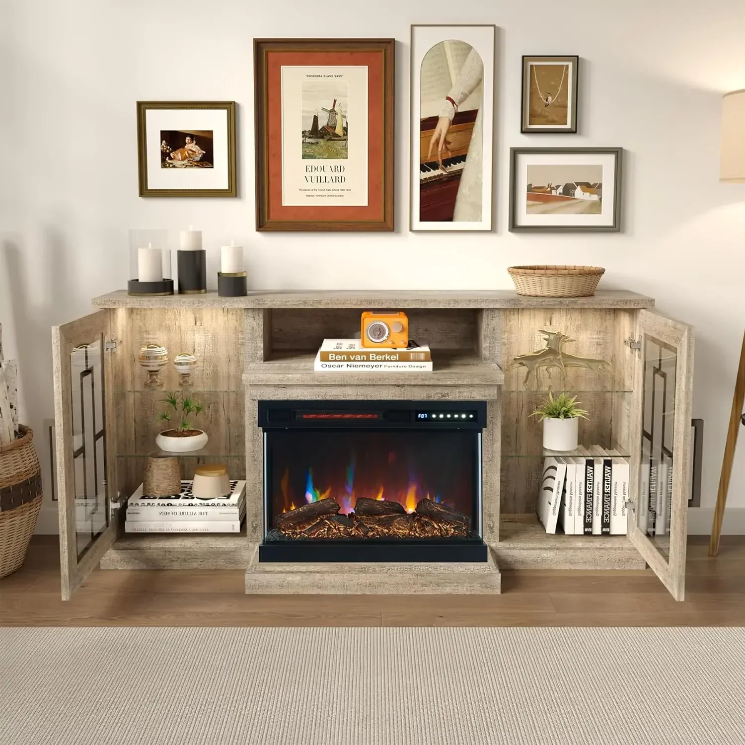 

#For 59 Inch LED TV Stand with 3-Side Glass Fireplace, Modern Media Entertainment Center Console Table for TVs up to 65 Inch^