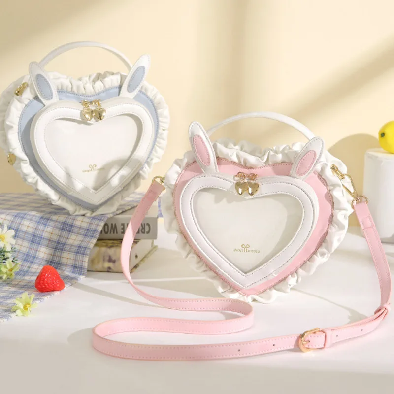 

Rabbit Ear Y2K Peach Heart Transparent Itabag Paddle Itabag Shoulder Women's Handbag Sweet Cute Lace Crossbody Shoulder Bag New