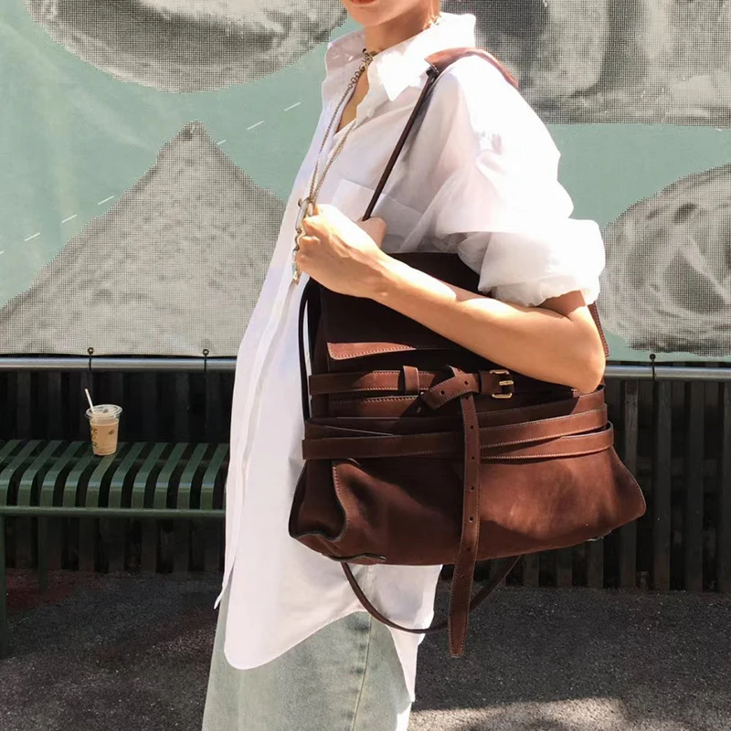 Casual Versatile Frosted Suede Belt Shoulder Underarm Bag Tote Bag Large Capacity Underarm Bag Versatile Tote Medium Bag Brown