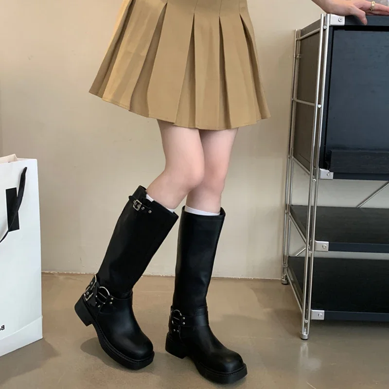 Chic Square Toe Women Knee High Boots Fashion Belt Buckle Knight Long Booties Autumn Winter Female Low Heel Shoes