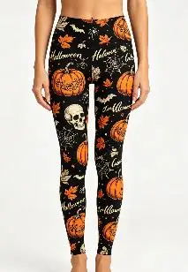 Women Mid‑Rise Fleece Lined Leggings, Halloween Pumpkin Skull Bat Maple Leaf Spider Web Print Slim Stretch Party Pants