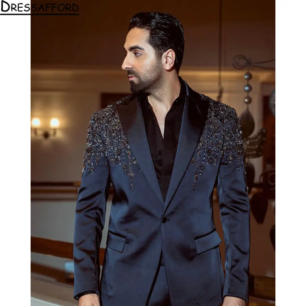 Dark Navy Handmade Beading 2 Pieces Blazer Pants Men Suits Tuxedo High Fashion Wedding Prom Plus Size Custom Made