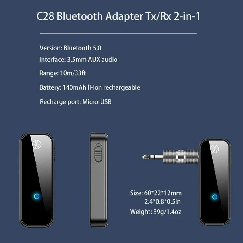 RISE-Bluetooth 5.0 Adapter 3.5Mm Jack Aux Reciever, 2-In-1 Wireless Transmitter & Receiver For Streaming Audio Of TV, PC