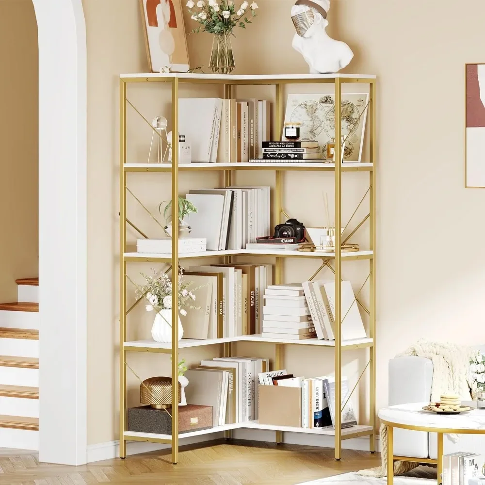 Corner Bookshelf Storage Box Large Display Rack Storage for Bedroom Assembly Shelf  White& Gold Corner Shelf 5 Tier Bookcase