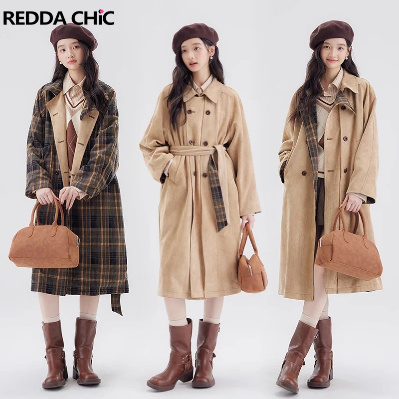 ReddaChic British Retro Tartan Women Trench Coat Suede Leather Reversible Lapel Double-breasted Windbreaker Business Outerwear